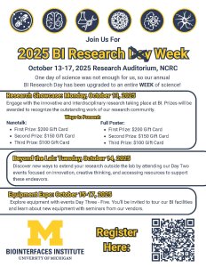 A flyer for BI Research week. It has a condensed version of the text in the event description and a QR code to register for the events.