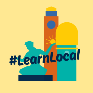 Graphic depictions of Ypsi Water Tower, U-M Clock Tower and Spirit of Detroit Statue with the words "#LearnLocal" in blue with light yellow background