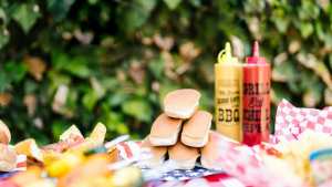 picnic food: hotdogs, mustard & ketchup