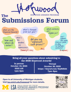 Flyer featuring common FAQs about submitting to the Hopwood Awards.