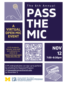 Flyer displaying details for Pass the Mic, a virtual open mic event happening on November 12 from 7:00-8:30pm.