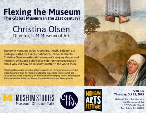 Information about an upcoming presentation by Christina Olsen, director of UM Museum of Art, where she will talk about her sabbatical time spent exploring several museums across the world.  Includes an image of a portion of an ancient painting featuring a woman among rocks.