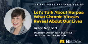 Let’s Talk About Herpes: What Chronic Viruses Reveal About Our Lives. Grace Noppert. December 4, 2025 at noon Eastern time. ISR-Thompson, Room 1430. Let’s Talk About Herpes: What Chronic Viruses Reveal About Our Lives. Grace Noppert. December 4, 2025 at noon Eastern time. ISR-Thompson, Room 1430.