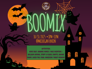Flyer for BooMix, a UMix Late Night Halloween event at the Michigan Union on October 31, 2025, from 8–11pm. The design features a haunted house, bats flying in front of an orange moon, ghosts, a spider web, pumpkins, and a spooky tree on a purple-orange gradient background. Activities include mini golf, Addams Family, face painting, balloon animals, stuff-a-plush, crafts, arcade room, laser tag, food, magician, and tarot readers.