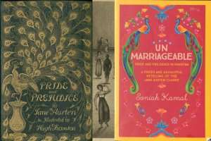 Book covers from Pride and Prejudice and Un Marriageable, decorated with peacocks.