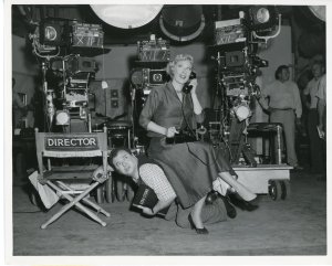Director Ezra Stone and actress Joan Davis on the set of the TV show "I Married Joan" that aired from 1952-1955.