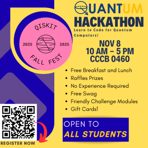 Maize and blue poster sharing event details. Text states the event is on November 8th from 10 AM to 5 PM in CCCB 0460 and includes free breakfast and lunch, raffles, swag, and challenge modules. The bottom left includes a QR code to register for the event.