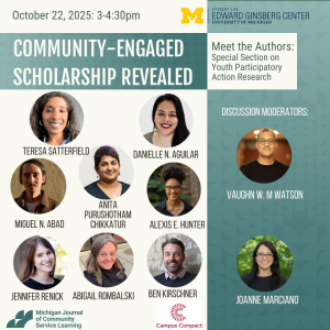Event flyer for "Community-Engaged Scholarship Revealed" featuring information about a panel on youth participatory action research with authors and moderators, including their names, scheduled for October 22, 2025, 3–4:30pm, hosted by the Edward Ginsberg Center and Campus Compact.