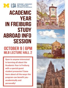 Poster with text about the Academic Year in Freiburg study abroad info session, alongside photos of Freiburg landmarks.