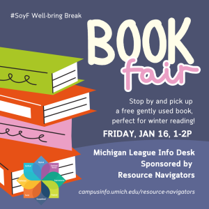 Graphic shows stack of colorful books on left with event details as posted.