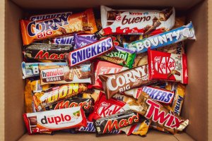 A box full of various chocolate bars