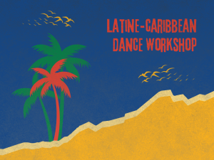 "Latine-Caribbean Dance Workshop" with palm trees, birds, and an ocean inspired background.