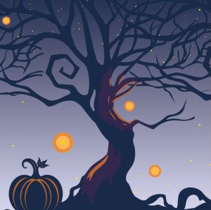A graphic of a leafless tree at night with a pumpkin at its base A graphic of a leafless tree at night with a pumpkin at its base