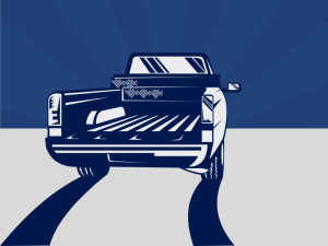 A pickup truck on navy and light grey background.