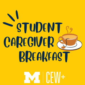 A cup of tea rests in the words "Student Caregiver Breakfast" on a yellow background. A cup of tea rests in the words "Student Caregiver Breakfast" on a yellow background.