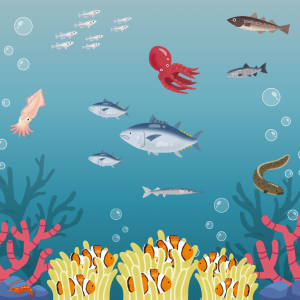 Different sea creatures are swimming in the ocean, with a coral reef on the seafloor. Animals include fish, an octopus, an eel, a squid, a crawfish, and clownfish hiding in anemones. Different sea creatures are swimming in the ocean, with a coral reef on the seafloor. Animals include fish, an octopus, an eel, a squid, a crawfish, and clownfish hiding in anemones.
