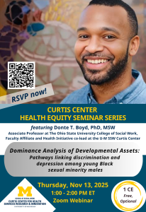Flyer image with RSVP QR code alongside a picture of the speaker, Dr. Donte T. Boyd, wearing a light blue button-up shirt and a warm smile. Flyer image with RSVP QR code alongside a picture of the speaker, Dr. Donte T. Boyd, wearing a light blue button-up shirt and a warm smile.