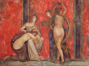 A panel of the Kelsey Museum’s Villa of the Mysteries watercolor reconstruction. A woman kneels on the ground with her head resting in the lap of a seated priestess. A nearby female figure holds a whip, while another dances with her hands in the air. A panel of the Kelsey Museum’s Villa of the Mysteries watercolor reconstruction. A woman kneels on the ground with her head resting in the lap of a seated priestess. A nearby female figure holds a whip, while another dances with her hands in the air.