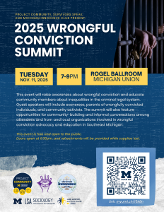 Flyer for Wrongful Conviction summit featuring a photograph of a pair of hands behind cell bars Flyer for Wrongful Conviction summit featuring a photograph of a pair of hands behind cell bars