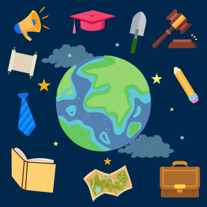 Clip art version of Earth in space, along with clouds and small stars. Surrounding the planet are various icons related to the panelists' backgrounds and the fields of education, policy, and law. Clip art version of Earth in space, along with clouds and small stars. Surrounding the planet are various icons related to the panelists' backgrounds and the fields of education, policy, and law.