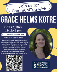 This is a promotional flyer for an event called “CommuniTea with Grace Helms Kotre.” The background is dark blue with abstract yellow shapes in the corners. This is a promotional flyer for an event called “CommuniTea with Grace Helms Kotre.” The background is dark blue with abstract yellow shapes in the corners.