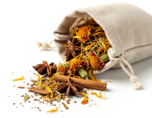 Burlap bag with cinnamon, dried flowers, and other natural items spilling out on plain background Burlap bag with cinnamon, dried flowers, and other natural items spilling out on plain background
