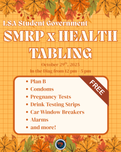 Promotional graphic featuring the title SMRP X Health Tabling, with a description of the event. Orange background with fall leaves