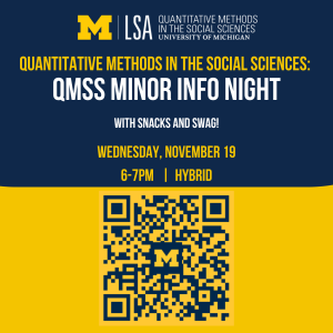 Dark blue background on the top half advertising the QMSS Minor Info Night in gold and white text. Included are the day, time, and location as Wednesday, November 19, from 6-7pm in a hybrid format. The bottom half of the image is a gold background with a QR code displayed that links to the RSVP page. Dark blue background on the top half advertising the QMSS Minor Info Night in gold and white text. Included are the day, time, and location as Wednesday, November 19, from 6-7pm in a hybrid format. The bottom half of the image is a gold background with a QR code displayed that links to the RSVP page.