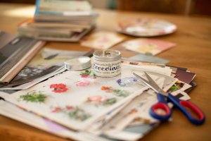 scrapbooking and paper crafting with coccoina glue pot and scissors scrapbooking and paper crafting with coccoina glue pot and scissors