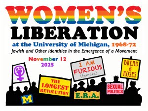 Event title in rainbow font with silhouette of protestors holding women's liberation signs. Event title in rainbow font with silhouette of protestors holding women's liberation signs.