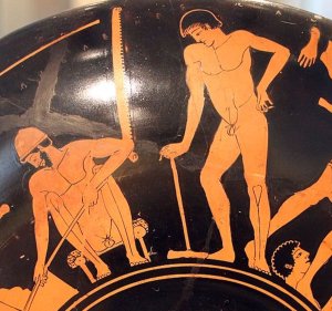 Men working in a bronze-casting workshop depicted on a cup, ca 490-480 BCE. Men working in a bronze-casting workshop depicted on a cup, ca 490-480 BCE.