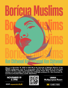 Cover of a book titled "Boricua Muslims" by Ken Chitwood. The subtitle reads, "Everyday Cosmopolitanism among Puerto Rican Converts to Islam." The cover features a stylized image of a woman wearing a hijab, rendered in shades of teal, red, and yellow. The background is a solid yellow color. Cover of a book titled "Boricua Muslims" by Ken Chitwood. The subtitle reads, "Everyday Cosmopolitanism among Puerto Rican Converts to Islam." The cover features a stylized image of a woman wearing a hijab, rendered in shades of teal, red, and yellow. The background is a solid yellow color.
