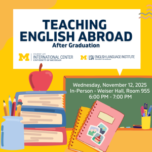Teaching English Abroad After Graduation with a yellow background and images of teaching supplies near the bottom of the graphic