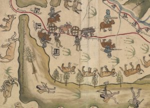 Historic map illustration depicting a 17th-century scene with soldiers, livestock, and carts on a journey. Historic map illustration depicting a 17th-century scene with soldiers, livestock, and carts on a journey.