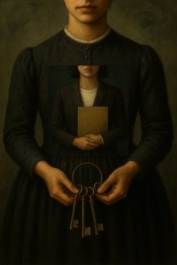 A woman in a dark dress holds three large keys, with a framed portrait of another woman holding a book on her chest.
