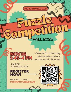 Green and Orange jigsaw puzzle flyer, includes date of 11/16 and time of 1:45-2:00pm