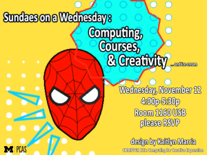 Image of Comic Book Character as colorful background to event information. Image created by Kaitlyn Marria