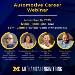 Promotional graphic for the Automotive Career webinar. Graphic contains pictures of all four panelists and the event description information listed on this website.