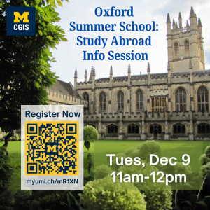 Flier showing the Magdalen College building and lawn on Oxford's campus with the Info Session details (Dec 9, 2025 from 11am-12pm).