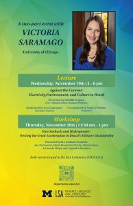 Event poster with Brazil flag themed colors and headshot