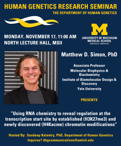 dark blue flyer with white and yellow text with a headshot of the male speaker