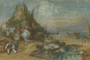 Marmion: A Tale of Flodden Field (1811) by Walter Scott, bound in vellum over boards with painted covers, a gift from Ruth and Robert Iglehart.