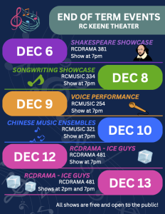 End of Term Events Schedule in the Keene Theater