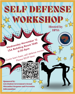 Promotional graphic featuring two silhouettes engaged in self-defense moves. Bold red title reads "Self Defense Workshop", with further information about the event.