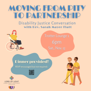 A poster advertising the Moving From Pity To Partnership: Disability Justice Conversation event. It has a light orange background and features a wheelchair user with pink hair and two people walking together, one of them with glasses and a cane.