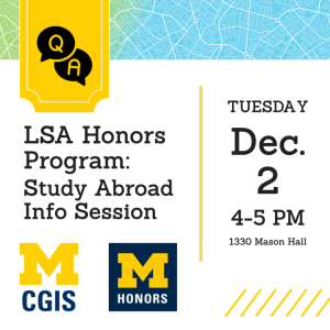 Flier with blue and yellow designs, showing details of event: Tuesday, December 2, 4-5pm, 1330 Mason Hall