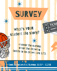 Social media flyer with survey details and images of a basketball hoop and event tickets.
