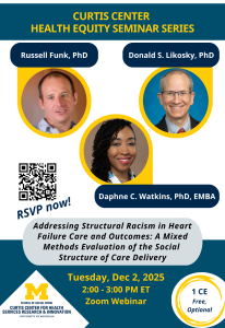 A University of Michigan School of Social Work flyer for the “Curtis Center Health Equity Seminar Series.” It features headshots of three speakers—Russell Funk, PhD; Donald S. Likosky, PhD; and Daphne C. Watkins, PhD, EMBA—each in yellow circular frames. A QR code on the left says “RSVP now!” The seminar title reads: *“Addressing Structural Racism in Heart Failure Care and Outcomes: A Mixed Methods Evaluation of the Social Structure of Care Delivery.”* Event details: Tuesday, Dec 2, 2025, 2–3 PM ET, Zoom Webinar. A badge notes “1 CE, Free, Optional.” University of Michigan School of Social Work branding appears at the bottom.