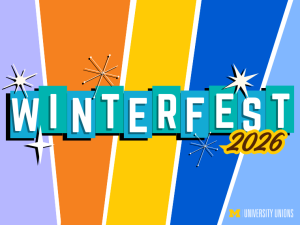 A colorful promotional graphic for “Winterfest 2026.” The background features four diagonal stripes in pastel purple, orange, yellow, and blue. The word “WINTERFEST” appears in bold white letters on individual teal blocks with a drop shadow effect. The year “2026” is written in yellow script overlapping the last letters. Stylized starburst and sparkle illustrations are scattered around the text. In the bottom right corner is the University of Michigan block M logo with the words “University Unions.”