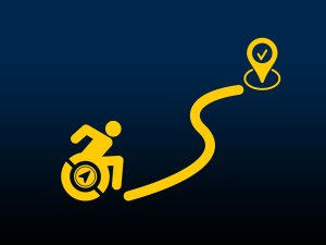 A wheelchair user with a compass travels down a winding path to a destination marked with a check